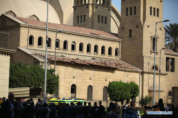 People gather at the explosion site in Cairo, Egypt on Dec. 11, 2016. At least 25 people were killed and 49 others injured on Sunday in an explosion at the Coptic Cathedral in Abbasiya's neighborhood of Cairo, Egypt's Ministry of Health said in a statement. (Xinhua/Ahmed Gomaa) People gather at the explosion site in Cairo, Egypt on Dec. 11, 2016. At least 25 people were killed and 49 others injured on Sunday in an explosion at the Coptic Cathedral in Abbasiya's neighborhood of Cairo, Egypt's Ministry of Health said in a statement. (Xinhua/Ahmed Gomaa)