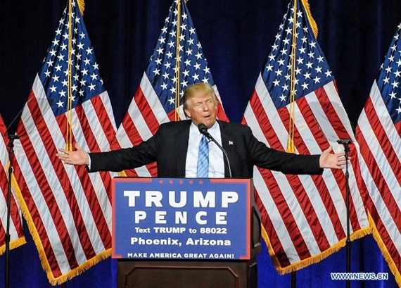 U.S. Republican presidential candidate Donald Trump addresses a running campaign at the Phoenix Convention Center in Phoenix of Arizona Aug. 31, 2016. (Photo: Xinhua/Zhang Chaoqun) U.S. Republican presidential candidate Donald Trump addresses a running campaign at the Phoenix Convention Center in Phoenix of Arizona Aug. 31, 2016. (Photo: Xinhua/Zhang Chaoqun)