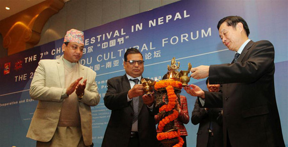 Liu Qibao (R, front), the visiting member of the Political Bureau of the Communist Party of China (CPC) Central Committee and head of the CPC Central Committee's Publicity Department, and Nepalese Deputy Prime Minister Krishna Bahadur Mahara (C) jointly inaugurate the 7th China Festival in Nepal and the 2nd Kathmandu Cultural Forum in Kathmandu, Nepal, Dec. 19, 2016. (Photo: Xinhua/Sunil Sharma) Liu Qibao (R, front), the visiting member of the Political Bureau of the Communist Party of China (CPC) Central Committee and head of the CPC Central Committee's Publicity Department, and Nepalese Deputy Prime Minister Krishna Bahadur Mahara (C) jointly inaugurate the 7th China Festival in Nepal and the 2nd Kathmandu Cultural Forum in Kathmandu, Nepal, Dec. 19, 2016. (Photo: Xinhua/Sunil Sharma)