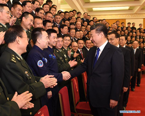 Top Communist Party of China (CPC) and state leaders Xi Jinping, Li Keqiang, Zhang Dejiang, Yu Zhengsheng, Liu Yunshan, Wang Qishan and Zhang Gaoli meet with astronauts as well as representatives involved in research and testing for the country's Tiangong-2 and Shenzhou-11 space mission in Beijing, capital of China, Dec. 20, 2016. (Photo: Xinhua/Li Xueren) Top Communist Party of China (CPC) and state leaders Xi Jinping, Li Keqiang, Zhang Dejiang, Yu Zhengsheng, Liu Yunshan, Wang Qishan and Zhang Gaoli meet with astronauts as well as representatives involved in research and testing for the country's Tiangong-2 and Shenzhou-11 space mission in Beijing, capital of China, Dec. 20, 2016. (Photo: Xinhua/Li Xueren)