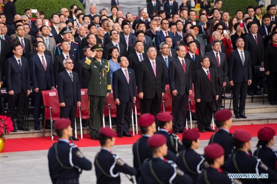 Chui Sai On (3rd R F), chief executive of Macao Special Administrative Region, Wang Zhimin (3rd L F), head of the Liaison Office of the Central People's Government in Macao, and Ye Dabo (2nd R F), commissioner of the Ministry of Foreign Affairs in Macao, attend a flag-raising ceremony held to celebrate the 17th anniversary of Macao's return to the motherland in Macao, south China, Dec. 20, 2016. (Photo: Xinhua/Cheong Kam Ka) Chui Sai On (3rd R F), chief executive of Macao Special Administrative Region, Wang Zhimin (3rd L F), head of the Liaison Office of the Central People's Government in Macao, and Ye Dabo (2nd R F), commissioner of the Ministry of Foreign Affairs in Macao, attend a flag-raising ceremony held to celebrate the 17th anniversary of Macao's return to the motherland in Macao, south China, Dec. 20, 2016. (Photo: Xinhua/Cheong Kam Ka)