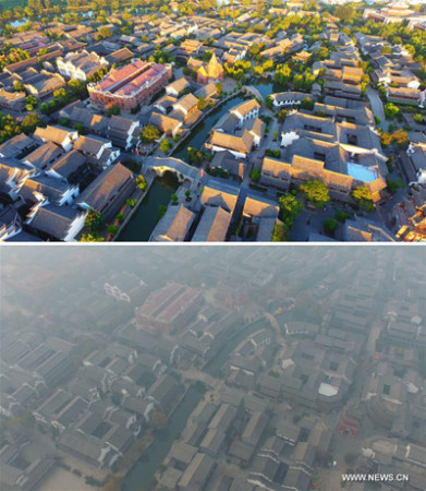 Combination photo taken on Aug. 30, 2016 (upper) and Dec. 20, 2016 shows a sharp contrast of air quality in an ancient town of Taierzhuang, east China's Shandong Province. Heavy smog lingers in Beijing, Tianjin and provinces of Hebei, Henan and Shandong on Tuesday. (Photo:Xinhua/Gao Qimin) Combination photo taken on Aug. 30, 2016 (upper) and Dec. 20, 2016 shows a sharp contrast of air quality in an ancient town of Taierzhuang, east China's Shandong Province. Heavy smog lingers in Beijing, Tianjin and provinces of Hebei, Henan and Shandong on Tuesday. (Photo:Xinhua/Gao Qimin)