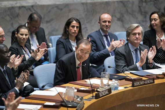 UN Secretary-GeneralBan Ki-moon(C, front) is seen during a meeting held by theUnited NationsSecurity Council to pay tribute to him at the UN headquarters in New York, Dec. 14, 2016. (Xinhua/Li Muzi) UN Secretary-GeneralBan Ki-moon(C, front) is seen during a meeting held by theUnited NationsSecurity Council to pay tribute to him at the UN headquarters in New York, Dec. 14, 2016. (Xinhua/Li Muzi)