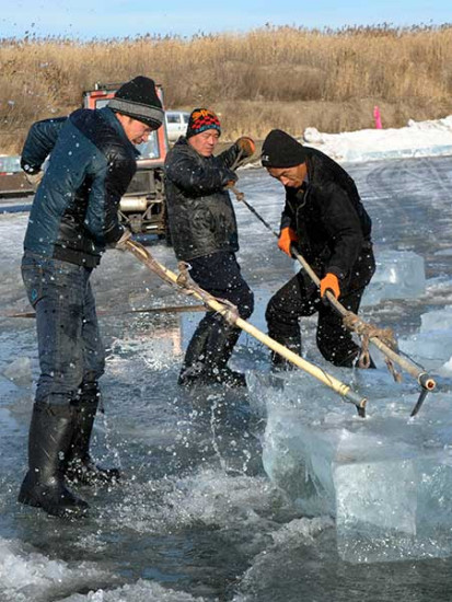 Hooks are used to drag out the ice blocks. (Photo By Zhang Qingyun / For China Daily) Hooks are used to drag out the ice blocks. (Photo By Zhang Qingyun / For China Daily)