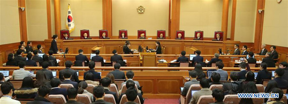 Photo taken on Jan. 3, 2017 shows the trial site in Seoul, South Korea. The first trial on a parliamentary motion to impeach South Korean President Park Geun-hye ended just in nine minutes on Tuesday with Park, the principal of the trial, not in attendance. (Xinhua/Newsis) Photo taken on Jan. 3, 2017 shows the trial site in Seoul, South Korea. The first trial on a parliamentary motion to impeach South Korean President Park Geun-hye ended just in nine minutes on Tuesday with Park, the principal of the trial, not in attendance. (Xinhua/Newsis)