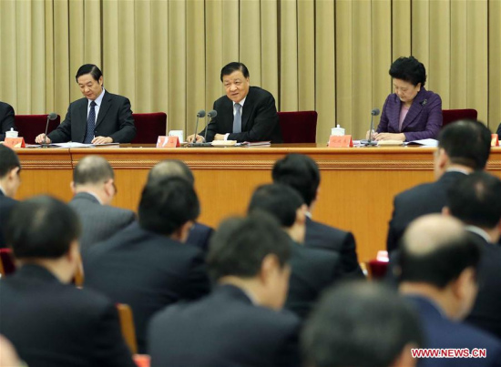 Liu Yunshan (back C), a member of the Standing Committee of the Political Bureau of the Communist Party of China (CPC) Central Committee, speaks during a conference on publicity in Beijing, capital of China, Jan. 3, 2017. (Photo: Xinhua/Liu Weibing)