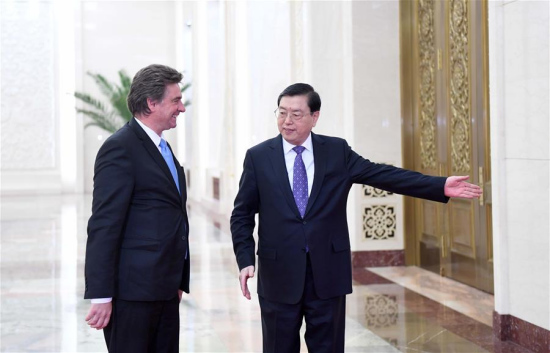 Zhang Dejiang (R), chairman of the Standing Committee of China's National People's Congress, holds talks with Gerardo Amarilla, president of Chamber of Representatives of Uruguay's National Congress, at the Great Hall of the People in Beijing, capital of China, Jan. 9, 2017. (Xinhua/Zhang Duo) Zhang Dejiang (R), chairman of the Standing Committee of China's National People's Congress, holds talks with Gerardo Amarilla, president of Chamber of Representatives of Uruguay's National Congress, at the Great Hall of the People in Beijing, capital of China, Jan. 9, 2017. (Xinhua/Zhang Duo)