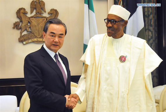 Nigerian President Muhammadu Buhari (R) meets with Chinese Foreign Minister Wang Yi in Abuja, Nigeria, on Jan. 11, 2017. The Nigerian government reaffirmed its commitment to One-China policy on Wednesday, saying Nigeria will stay committed to the long-standing friendship and cooperation with China. (Xinhua/Zhang Baoping) Nigerian President Muhammadu Buhari (R) meets with Chinese Foreign Minister Wang Yi in Abuja, Nigeria, on Jan. 11, 2017. The Nigerian government reaffirmed its commitment to One-China policy on Wednesday, saying Nigeria will stay committed to the long-standing friendship and cooperation with China. (Xinhua/Zhang Baoping)