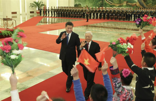 Chinese President Xi Jinping (L), who is also General Secretary of the Communist Party of China Central Committee, holds a welcoming ceremony for Nguyen Phu Trong, General Secretary of the Communist Party of Vietnam Central Committee, before their talks in Beijing, capital of China, Jan. 12, 2017. (Xinhua/Pang Xinglei) Chinese President Xi Jinping (L), who is also General Secretary of the Communist Party of China Central Committee, holds a welcoming ceremony for Nguyen Phu Trong, General Secretary of the Communist Party of Vietnam Central Committee, before their talks in Beijing, capital of China, Jan. 12, 2017. (Xinhua/Pang Xinglei)
