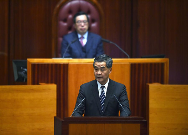 Leung Chun-ying, chief executive of Hong Kong Special Administrative Region, delivers the policy address for the year of 2017 at the Legislative Council in Hong Kong, south China, Jan. 18, 2017. (Xinhua/Wang Shen) Leung Chun-ying, chief executive of Hong Kong Special Administrative Region, delivers the policy address for the year of 2017 at the Legislative Council in Hong Kong, south China, Jan. 18, 2017. (Xinhua/Wang Shen)