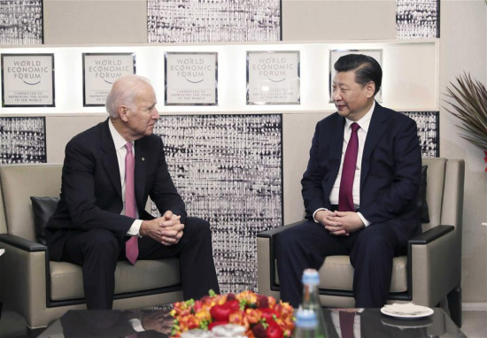 Chinese President Xi Jinping (R) meets with U.S. Vice President Joe Biden in Davos, Switzerland, Jan. 17, 2017. (Xinhua/Lan Hongguang) Chinese President Xi Jinping (R) meets with U.S. Vice President Joe Biden in Davos, Switzerland, Jan. 17, 2017. (Xinhua/Lan Hongguang)