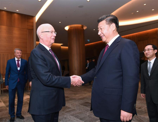 Chinese President Xi Jinping meets with Klaus Schwab, founder and executive chairman of the World Economic Forum, in Davos, Switzerland, Jan. 17, 2017. (Xinhua/Rao Aimin) Chinese President Xi Jinping meets with Klaus Schwab, founder and executive chairman of the World Economic Forum, in Davos, Switzerland, Jan. 17, 2017. (Xinhua/Rao Aimin)