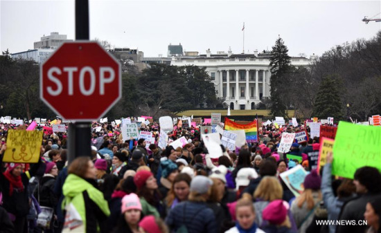 People participate in the Women's March protesting Trump's presidency following the inauguration of U.S. President Donald Trump, in Washington D.C., the United States, Jan. 21, 2017. (Xinhua/Yin Bogu) People participate in the Women's March protesting Trump's presidency following the inauguration of U.S. President Donald Trump, in Washington D.C., the United States, Jan. 21, 2017. (Xinhua/Yin Bogu)