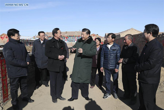 Chinese President Xi Jinping (C) talks to grassroots cadre at the home of villager Xu Wan in Desheng Village, Xiaoertai Township of Zhangbei County in north China's Hebei Province, on Jan. 24, 2017. Xi Tuesday pushed for increased efforts on poverty alleviation during an inspection tour to the city of Zhangjiakou. (Xinhua/Lan Hongguang) Chinese President Xi Jinping (C) talks to grassroots cadre at the home of villager Xu Wan in Desheng Village, Xiaoertai Township of Zhangbei County in north China's Hebei Province, on Jan. 24, 2017. Xi Tuesday pushed for increased efforts on poverty alleviation during an inspection tour to the city of Zhangjiakou. (Xinhua/Lan Hongguang)