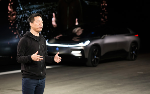 Jia Yueting, co-founder and head of LeEco, addresses during the new EV launch ceremony of Faraday Future, January 3, 2017, Las Vegas. (Photo provided to chinadaily.com.cn) Jia Yueting, co-founder and head of LeEco, addresses during the new EV launch ceremony of Faraday Future, January 3, 2017, Las Vegas. (Photo provided to chinadaily.com.cn)