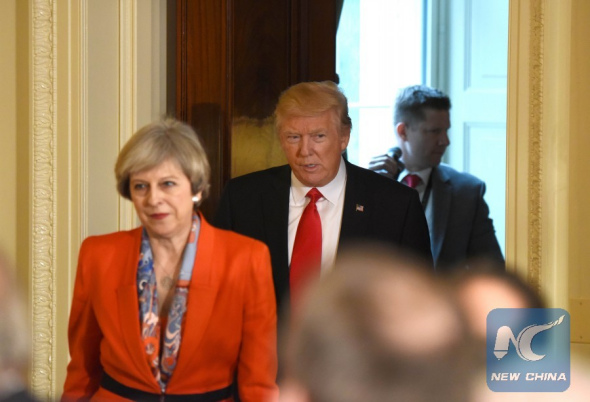 U.S. President Donald Trump and British Prime Minister Theresa May(front) arrive for a joint press conference at the White House in Washington D.C., the United States, Jan. 27, 2017. (Xinhua/Yin Bogu) U.S. President Donald Trump and British Prime Minister Theresa May(front) arrive for a joint press conference at the White House in Washington D.C., the United States, Jan. 27, 2017. (Xinhua/Yin Bogu)