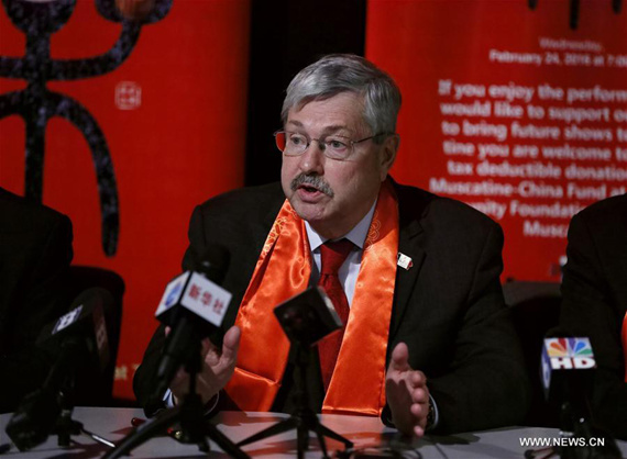 U.S. Ambassador to China nominee Terry Branstad speaks during a news conference held after Happy Chinese New Year Concert In Muscatine, in Muscatine, Iowa, the United States, Feb. 1, 2017. Terry Branstad said Wednesday that he would play a constructive role in enhancing China-U.S. relationship during a news conference held in Muscatine, Iowa. (Xinhua/Wang Ping) U.S. Ambassador to China nominee Terry Branstad speaks during a news conference held after Happy Chinese New Year Concert In Muscatine, in Muscatine, Iowa, the United States, Feb. 1, 2017. Terry Branstad said Wednesday that he would play a constructive role in enhancing China-U.S. relationship during a news conference held in Muscatine, Iowa. (Xinhua/Wang Ping)