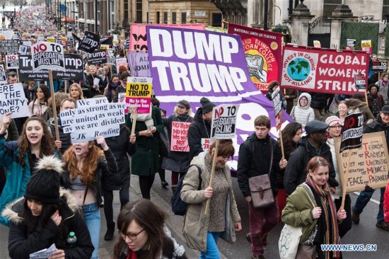 Thousands of demonstrators protest against Donald Trump travel ban on Muslim's travelling to the United States in central London on Feb. 4, 2017. (Photo: Xinhua/Ray Tang) Thousands of demonstrators protest against Donald Trump travel ban on Muslim's travelling to the United States in central London on Feb. 4, 2017. (Photo: Xinhua/Ray Tang)