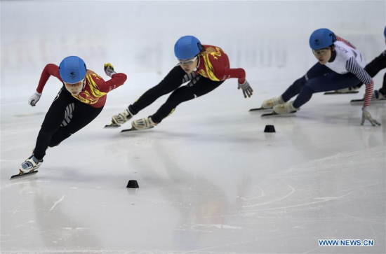 Zang Yize (L) and Xu Aili (C) of China compete during Ladies' 500M Final of Short Track Speed Skating at the 28th Winter Universiade in Almaty, Kazakhstan, Feb. 6, 2017. Zang Yize and Xu Aili took the gold and sivler with 44.015 seconds and 44.124 seconds respectively.(Xinhua/Fei Maohua) Zang Yize (L) and Xu Aili (C) of China compete during Ladies' 500M Final of Short Track Speed Skating at the 28th Winter Universiade in Almaty, Kazakhstan, Feb. 6, 2017. Zang Yize and Xu Aili took the gold and sivler with 44.015 seconds and 44.124 seconds respectively.(Xinhua/Fei Maohua)