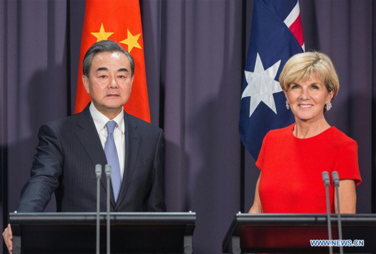 Chinese Foreign Minister Wang Yi (L) and his Australian counterpart Julie Bishop meet the press after the two countries' fourth round of diplomatic and strategic dialogue in Canberra, Australia, Feb. 7, 2017. Foreign ministers of China and Australia called for further strengthening of bilateral ties here on Tuesday. (Xinhua/Zhu Hongye) Chinese Foreign Minister Wang Yi (L) and his Australian counterpart Julie Bishop meet the press after the two countries' fourth round of diplomatic and strategic dialogue in Canberra, Australia, Feb. 7, 2017. Foreign ministers of China and Australia called for further strengthening of bilateral ties here on Tuesday. (Xinhua/Zhu Hongye)