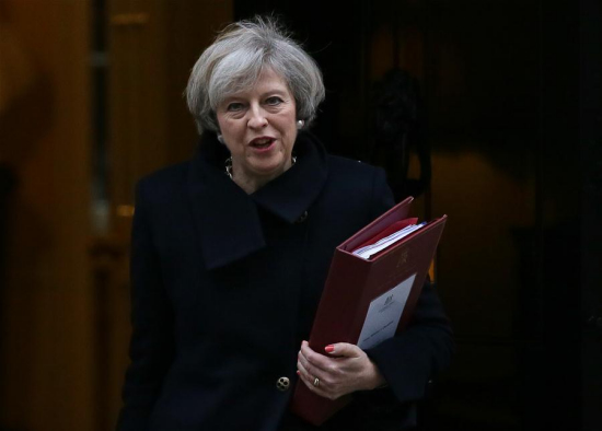 British Prime Minister Theresa May leaves 10 Downing Street for Prime Minister's questions at the House of parliament in London, Britain, Feb. 8, 2017. (Xinhua/Tim Ireland) British Prime Minister Theresa May leaves 10 Downing Street for Prime Minister's questions at the House of parliament in London, Britain, Feb. 8, 2017. (Xinhua/Tim Ireland)
