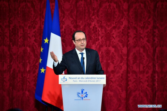 French President Francois Hollande delivers a speech to the Asian community during a Lunar New Year reception held at Elysee Palace in Paris, France, on Feb. 8, 2017. (Xinhua/Chen Yichen) French President Francois Hollande delivers a speech to the Asian community during a Lunar New Year reception held at Elysee Palace in Paris, France, on Feb. 8, 2017. (Xinhua/Chen Yichen)