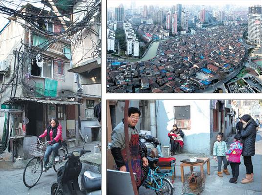 Clockwise from left: A woman rides a bicycle through the narrow streets of the shantytown. Second: An aeriel view of the Zhangqiao area. Third: A man attempts to sell a chicken on the street. Clockwise from left: A woman rides a bicycle through the narrow streets of the shantytown. Second: An aeriel view of the Zhangqiao area. Third: A man attempts to sell a chicken on the street.