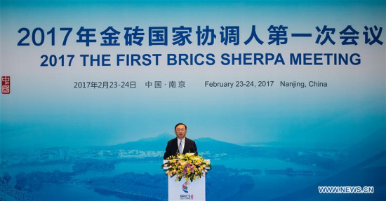 Chinese State Councilor Yang Jiechi delivers a speech at the First Sherpa Meeting of the 9th BRICS Summit in Nanjing, east China's Jiangsu Province, Feb. 23, 2017. (Xinhua/Li Xiang) Chinese State Councilor Yang Jiechi delivers a speech at the First Sherpa Meeting of the 9th BRICS Summit in Nanjing, east China's Jiangsu Province, Feb. 23, 2017. (Xinhua/Li Xiang)