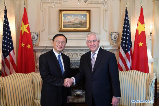 Visiting Chinese State Councilor Yang Jiechi (L) shakes hands with U.S. Secretary of State Rex Tillerson during their meeting in Washington D.C., the United States, on Feb. 28, 2017. (Xinhua/Yin Bogu) Visiting Chinese State Councilor Yang Jiechi (L) shakes hands with U.S. Secretary of State Rex Tillerson during their meeting in Washington D.C., the United States, on Feb. 28, 2017. (Xinhua/Yin Bogu)