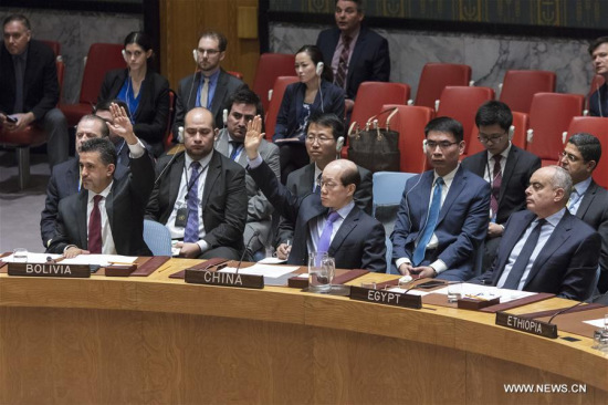 Chinese Ambassador to the UN Liu Jieyi (C, front) votes against a UN Security Council draft resolution aiming to establish a sanctions regime over use of chemicals weapons in Syria at the UN headquarters in New York, on Feb. 28, 2017. (Xinhua/Li Muzi) Chinese Ambassador to the UN Liu Jieyi (C, front) votes against a UN Security Council draft resolution aiming to establish a sanctions regime over use of chemicals weapons in Syria at the UN headquarters in New York, on Feb. 28, 2017. (Xinhua/Li Muzi)
