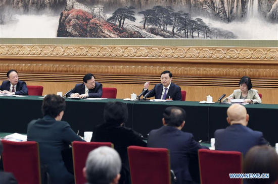 Zhang Dejiang, chairman of the Standing Committee of China's National People's Congress (NPC), joins a panel discussion with deputies to the 12th NPC from Zhejiang Province at the annual session of the NPC in Beijing, capital of China, March 5, 2017. (Xinhua/Gao Jie) Zhang Dejiang, chairman of the Standing Committee of China's National People's Congress (NPC), joins a panel discussion with deputies to the 12th NPC from Zhejiang Province at the annual session of the NPC in Beijing, capital of China, March 5, 2017. (Xinhua/Gao Jie)