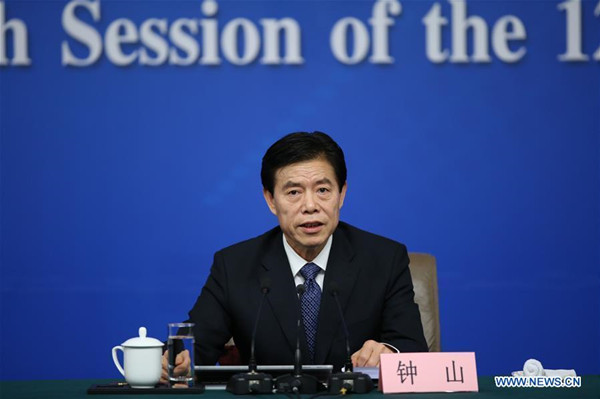 Chinese Minister of Commerce Zhong Shan answers questions at a press conference on structural adjustments and innovation for the fifth session of the 12th National People's Congress in Beijing, capital of China, March 11, 2017. (Xinhua/Jin Liwang) Chinese Minister of Commerce Zhong Shan answers questions at a press conference on structural adjustments and innovation for the fifth session of the 12th National People's Congress in Beijing, capital of China, March 11, 2017. (Xinhua/Jin Liwang)