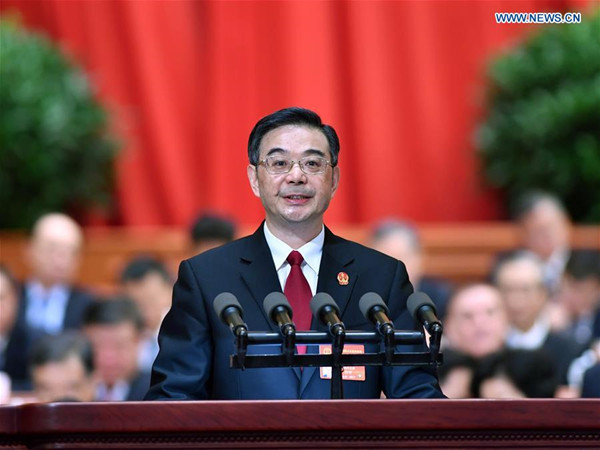 Chief Justice Zhou Qiang delivers a work report of the Supreme People's Court at the third plenary meeting of the fifth session of the 12th National People's Congress at the Great Hall of the People in Beijing, capital of China, March 12, 2017. (Xinhua/Li Tao) Chief Justice Zhou Qiang delivers a work report of the Supreme People's Court at the third plenary meeting of the fifth session of the 12th National People's Congress at the Great Hall of the People in Beijing, capital of China, March 12, 2017. (Xinhua/Li Tao)