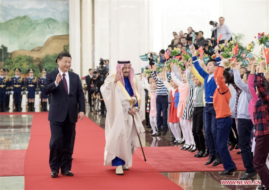 Chinese President Xi Jinping (L front) holds a welcome ceremony for Saudi King Salman bin Abdulaziz Al Saud before their talks in Beijing, capital of China, March 16, 2017.(Xinhua/Li Xueren) Chinese President Xi Jinping (L front) holds a welcome ceremony for Saudi King Salman bin Abdulaziz Al Saud before their talks in Beijing, capital of China, March 16, 2017.(Xinhua/Li Xueren)