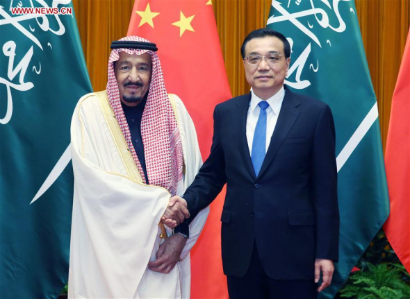 Chinese Premier Li Keqiang (R) meets with Saudi King Salman bin Abdulaziz Al Saud at the Great Hall of the People in Beijing, capital of China, March 17, 2017. (Xinhua/Yao Dawei) Chinese Premier Li Keqiang (R) meets with Saudi King Salman bin Abdulaziz Al Saud at the Great Hall of the People in Beijing, capital of China, March 17, 2017. (Xinhua/Yao Dawei)