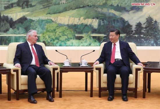 Chinese President Xi Jinping (R) meets with U.S. Secretary of State Rex Tillerson at the Great Hall of the People in Beijing, capital of China, March 19, 2017. (Xinhua/Ju Peng) Chinese President Xi Jinping (R) meets with U.S. Secretary of State Rex Tillerson at the Great Hall of the People in Beijing, capital of China, March 19, 2017. (Xinhua/Ju Peng)
