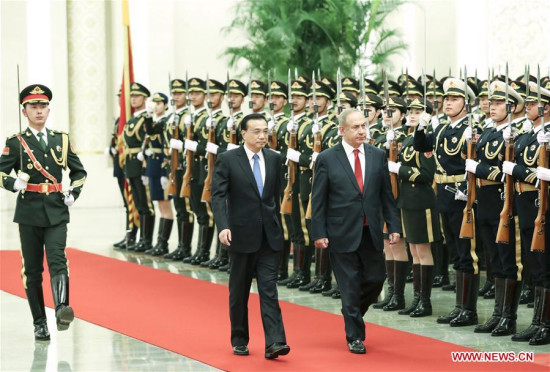 Chinese Premier Li Keqiang holds a welcome ceremony for visiting Israeli Prime Minister Benjamin Netanyahu before their talks in Beijing, capital of China, March 20, 2017. (Xinhua/Pang Xinglei) Chinese Premier Li Keqiang holds a welcome ceremony for visiting Israeli Prime Minister Benjamin Netanyahu before their talks in Beijing, capital of China, March 20, 2017. (Xinhua/Pang Xinglei)