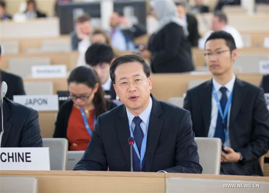 Photo taken on March 20, 2017 shows Ma Zhaoxu, head of the Chinese mission to the United Nations in Geneva, addressing at a general debate in the 34th Session of the Human Rights Council in Geneva, Switzerland. (Xinhua/Xu Jinquan) Photo taken on March 20, 2017 shows Ma Zhaoxu, head of the Chinese mission to the United Nations in Geneva, addressing at a general debate in the 34th Session of the Human Rights Council in Geneva, Switzerland. (Xinhua/Xu Jinquan)