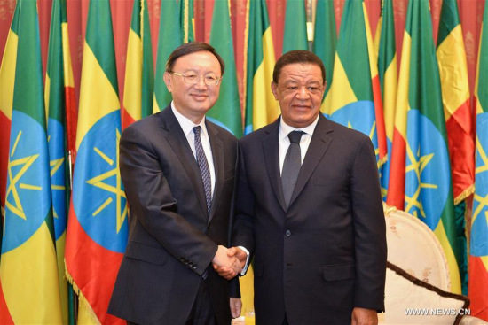 Ethiopian President Mulatu Teshome (R) shakes hands with visiting Chinese State Councilor Yang Jiechi during their meeting in Addis Ababa, Ethiopia, on March 20, 2017. (Xinhua/Michael Tewelde) Ethiopian President Mulatu Teshome (R) shakes hands with visiting Chinese State Councilor Yang Jiechi during their meeting in Addis Ababa, Ethiopia, on March 20, 2017. (Xinhua/Michael Tewelde)