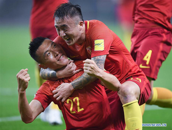 China's Yu Dabao (L) celebrates his goal with Wang Yongpo during the 2018 FIFA World Cup Russia qualification match against South Korea in Changsha, central China's Hunan province, March 23, 2017. (Xinhua/Kong Hui) China's Yu Dabao (L) celebrates his goal with Wang Yongpo during the 2018 FIFA World Cup Russia qualification match against South Korea in Changsha, central China's Hunan province, March 23, 2017. (Xinhua/Kong Hui)