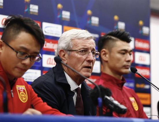 China's head coach Marcello Lippi (C) and goalkeeper Zeng Cheng attend the press conference after the 2018 FIFA World Cup Russia qualification match between China and South Korea in Changsha, central China's Hunan province, March 23, 2017. China won 1-0. (Xinhua/Ding Xu) China's head coach Marcello Lippi (C) and goalkeeper Zeng Cheng attend the press conference after the 2018 FIFA World Cup Russia qualification match between China and South Korea in Changsha, central China's Hunan province, March 23, 2017. China won 1-0. (Xinhua/Ding Xu)