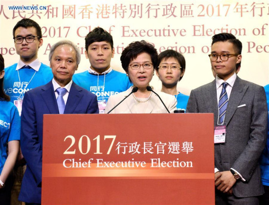 Lam Cheng Yuet-ngor meets the press after winning the election in Hong Kong, south China, March 26, 2017. Lam Cheng Yuet-ngor on Sunday won the election of the fifth-term chief executive of China's Hong Kong Special Administrative Region (SAR). (Xinhua/Qin Qing) Lam Cheng Yuet-ngor meets the press after winning the election in Hong Kong, south China, March 26, 2017. Lam Cheng Yuet-ngor on Sunday won the election of the fifth-term chief executive of China's Hong Kong Special Administrative Region (SAR). (Xinhua/Qin Qing)