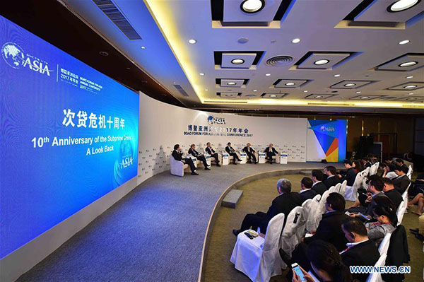 The session of the 10th Anniversary of the Subprime Crisis: A Look Back is held during the Boao Forum for Asia Annual Conference 2017 in Boao, south China's Hainan Province, March 26, 2017. (Photo/Xinhua) The session of the 10th Anniversary of the Subprime Crisis: A Look Back is held during the Boao Forum for Asia Annual Conference 2017 in Boao, south China's Hainan Province, March 26, 2017. (Photo/Xinhua)