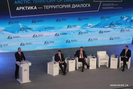 Russian President Vladimir Putin (1st L) addresses the plenary session of the 4th International Arctic Forum (IAF) in Arkhangelsk, northwestern Russia, on March 30, 2017. (Xinhua/Lu Jinbo) Russian President Vladimir Putin (1st L) addresses the plenary session of the 4th International Arctic Forum (IAF) in Arkhangelsk, northwestern Russia, on March 30, 2017. (Xinhua/Lu Jinbo)