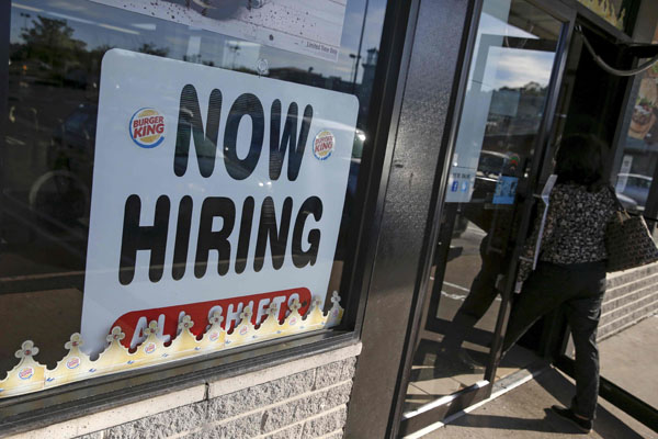 An advertisement for job openings is seen outside a Burger King franchise in Port Washington, New York, in this file photo taken Sept 16, 2015. (Photo/Agencies) An advertisement for job openings is seen outside a Burger King franchise in Port Washington, New York, in this file photo taken Sept 16, 2015. (Photo/Agencies)