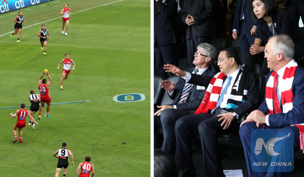 This combined photo shows Chinese Premier Li Keqiang and his Australian counterpart Malcolm Turnbull watching a match of Australian Football in Sydney, Australia, March 25, 2017. (Xinhua/Pang Xinglei) This combined photo shows Chinese Premier Li Keqiang and his Australian counterpart Malcolm Turnbull watching a match of Australian Football in Sydney, Australia, March 25, 2017. (Xinhua/Pang Xinglei)