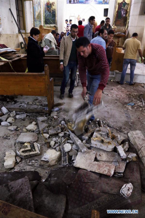 Photo taken on April 9, 2017 shows the site of a bomb blast at Mar Girgis Church in Tanta, Egypt.(Xinhua/Ahmed Gomaa) Photo taken on April 9, 2017 shows the site of a bomb blast at Mar Girgis Church in Tanta, Egypt.(Xinhua/Ahmed Gomaa)
