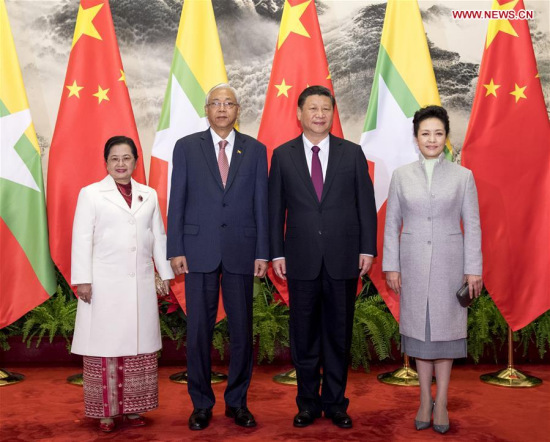 Chinese President Xi Jinping (2nd R) and his wife Peng Liyuan (1st R) pose for a photo with Myanmar President U Htin Kyaw (2nd L) and his wife in Beijing, capital of China, April 10, 2017. Xi held a welcome ceremony for Myanmar President U Htin Kyaw before their talks here on Monday. (Xinhua/Li Xueren) Chinese President Xi Jinping (2nd R) and his wife Peng Liyuan (1st R) pose for a photo with Myanmar President U Htin Kyaw (2nd L) and his wife in Beijing, capital of China, April 10, 2017. Xi held a welcome ceremony for Myanmar President U Htin Kyaw before their talks here on Monday. (Xinhua/Li Xueren)