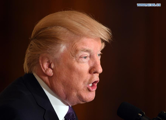 U.S. President Donald Trump addresses a press conference at the White House in Washington D.C., the United States, on April 12, 2017.  (Xinhua/Yin Bogu)