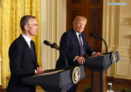 U.S. President Donald Trump (R) and visiting NATO Secretary General Jens Stoltenberg attend a joint press conference in Washington D.C., the United States, on April 12, 2017. (Xinhua/Yin Bogu) U.S. President Donald Trump (R) and visiting NATO Secretary General Jens Stoltenberg attend a joint press conference in Washington D.C., the United States, on April 12, 2017. (Xinhua/Yin Bogu)